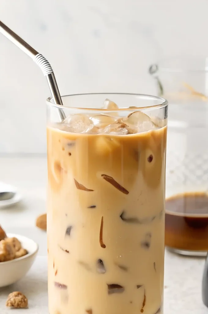Homemade iced coffee with milk and ice cubes in a tall glass, served with a metal straw on a bright kitchen counter.