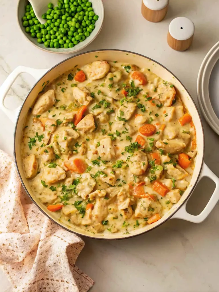Creamy chicken casserole recipe in a white pot, topped with parsley and served with peas on the side.