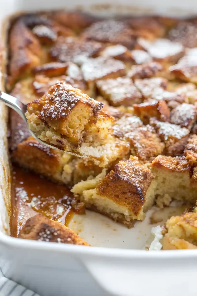 Spoon lifting a piece of overnight French toast casserole with golden bread cubes and cinnamon syrup from a baking dish.