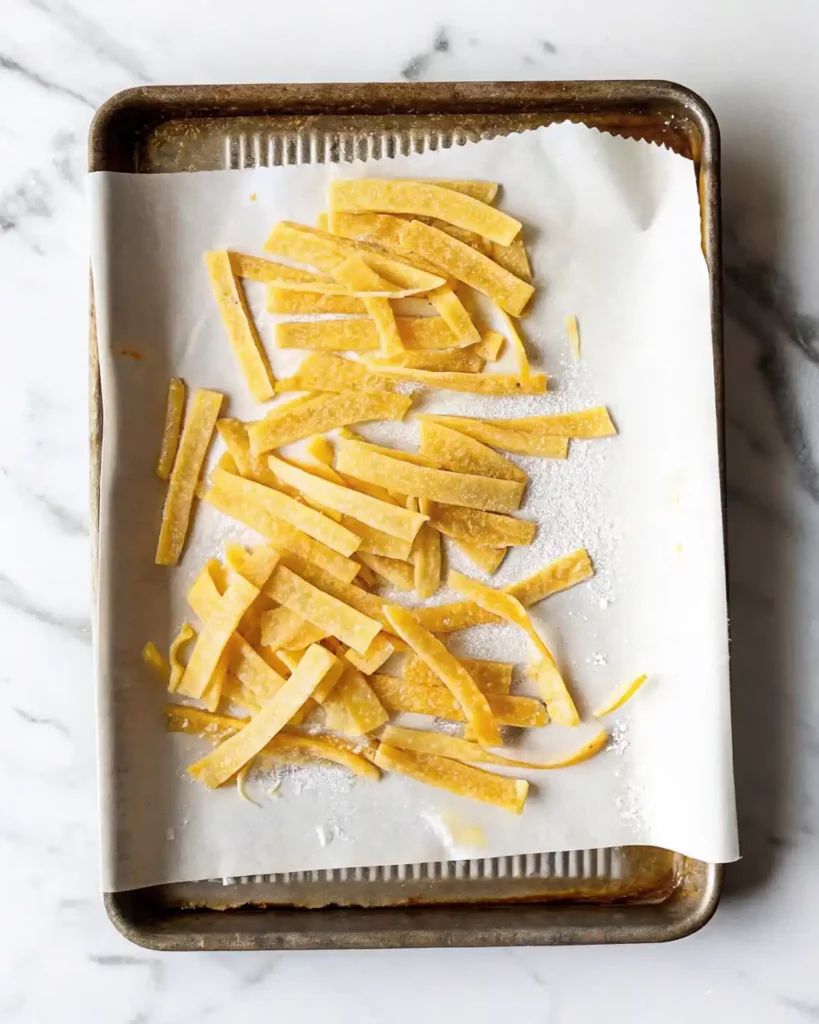 Raw corn tortilla strips arranged on a parchment lined baking sheet before baking for homemade taco salad topping.
