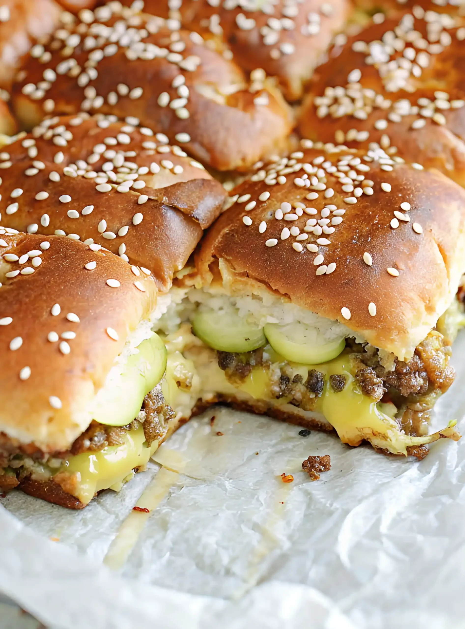 Cheeseburger sliders with sesame seed buns filled with melted cheese, ground beef and pickles on parchment paper.