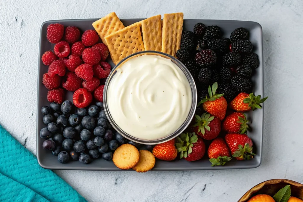 Glass bowl of creamy fruit dip on a platter with raspberries, blueberries, blackberries, strawberries, graham crackers, and cookies.