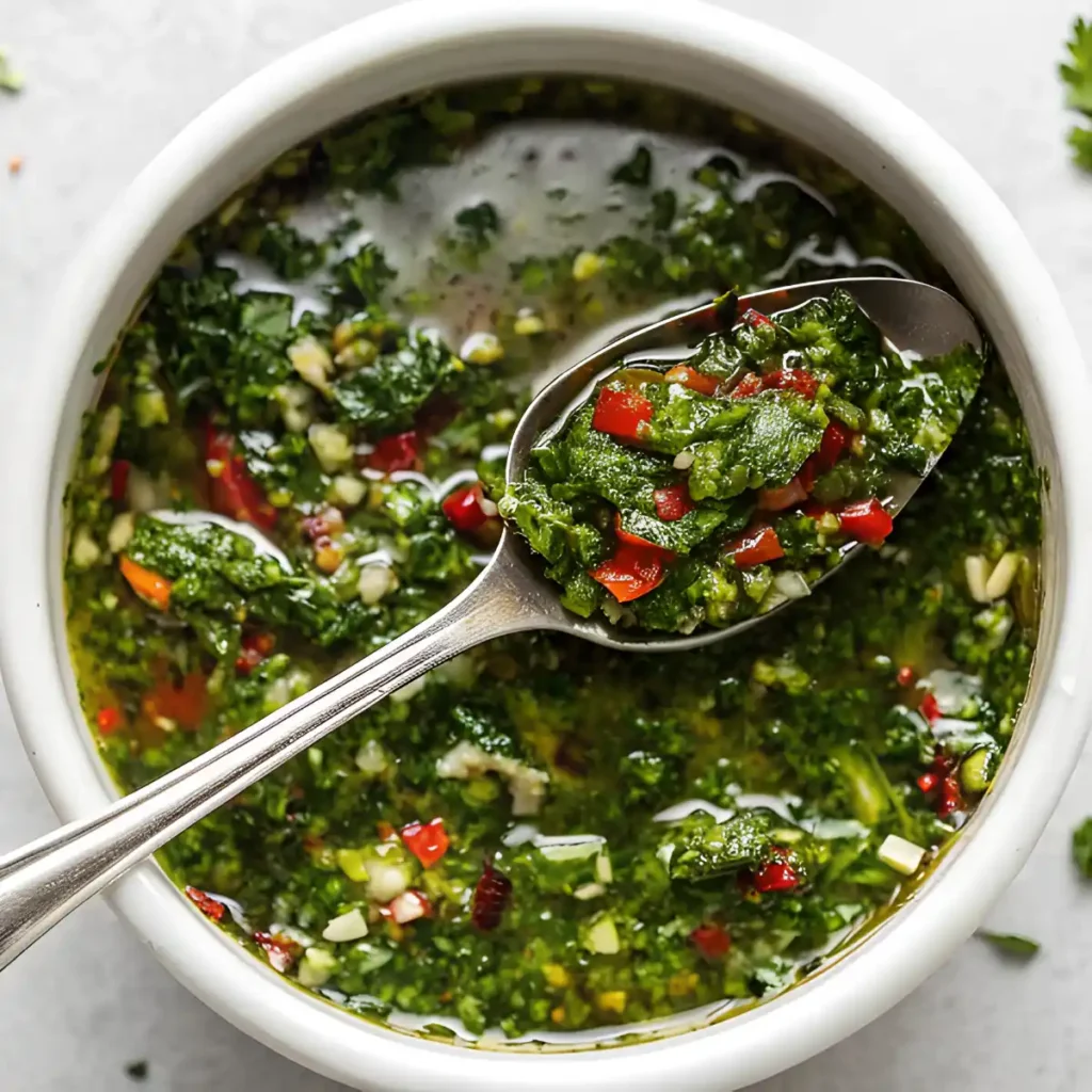 Close-up of chimichurri sauce in a white bowl with a spoonful of parsley, garlic, and diced red chili