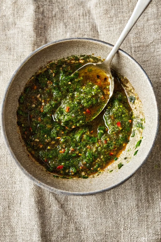 Authentic chimichurri sauce in a rustic bowl with spoon, showing blended parsley, garlic, red pepper flakes, and olive oil