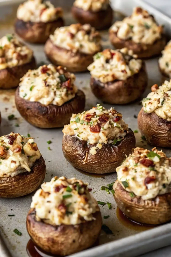 Freshly baked stuffed mushrooms on a sheet pan, filled with creamy cheese, herbs, and chopped toppings, golden and ready to serve.