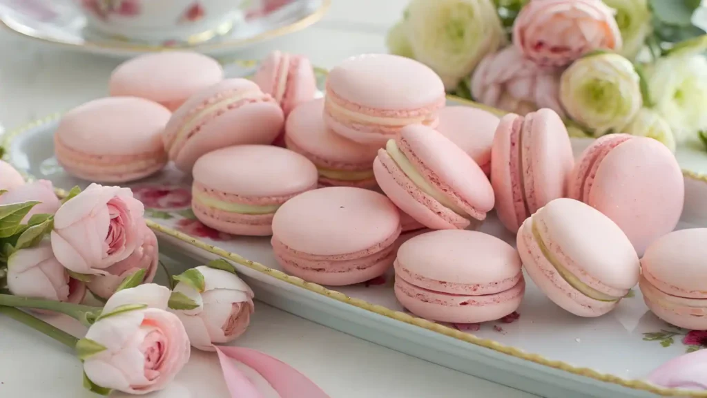 Pink macarons with vanilla and pistachio fillings arranged on a floral tray, surrounded by fresh blush roses and ranunculus.