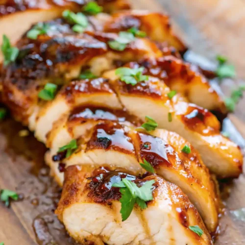 Sliced grilled chicken breast with glossy marinade and fresh parsley on wooden board