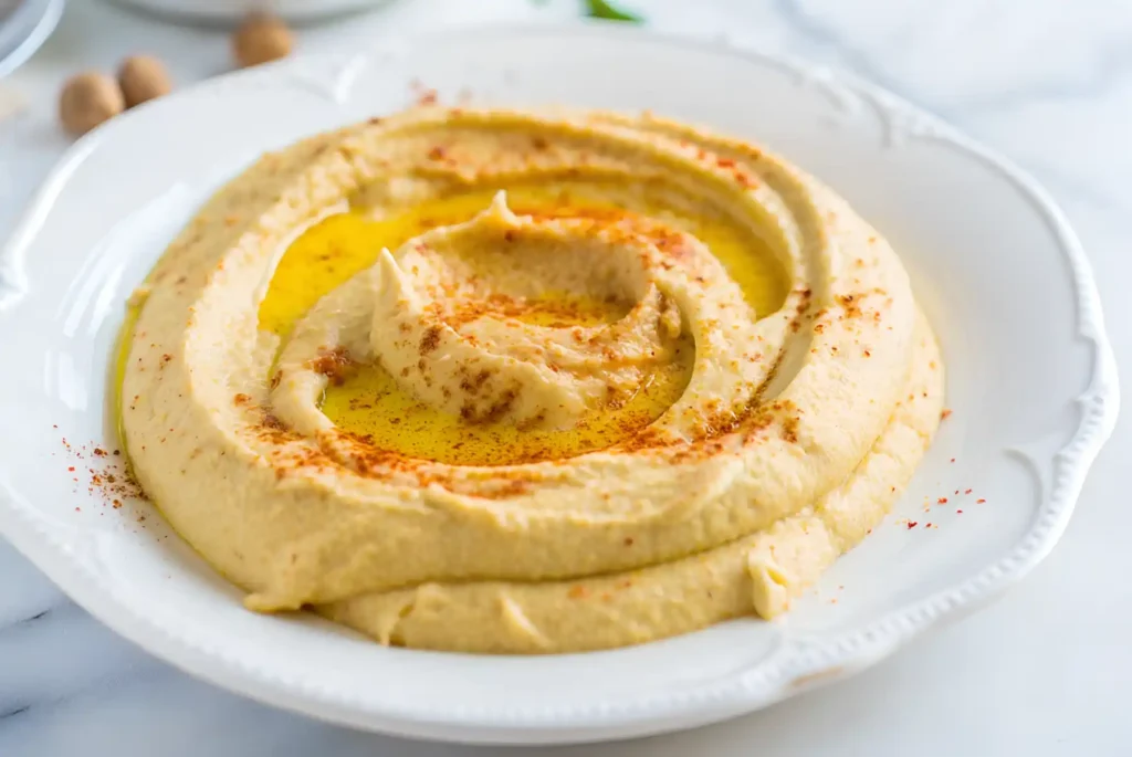 Best hummus recipe served with olive oil and paprika on a white plate