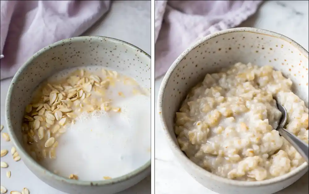 Before and after cooking oatmeal with milk in a speckled ceramic bowl