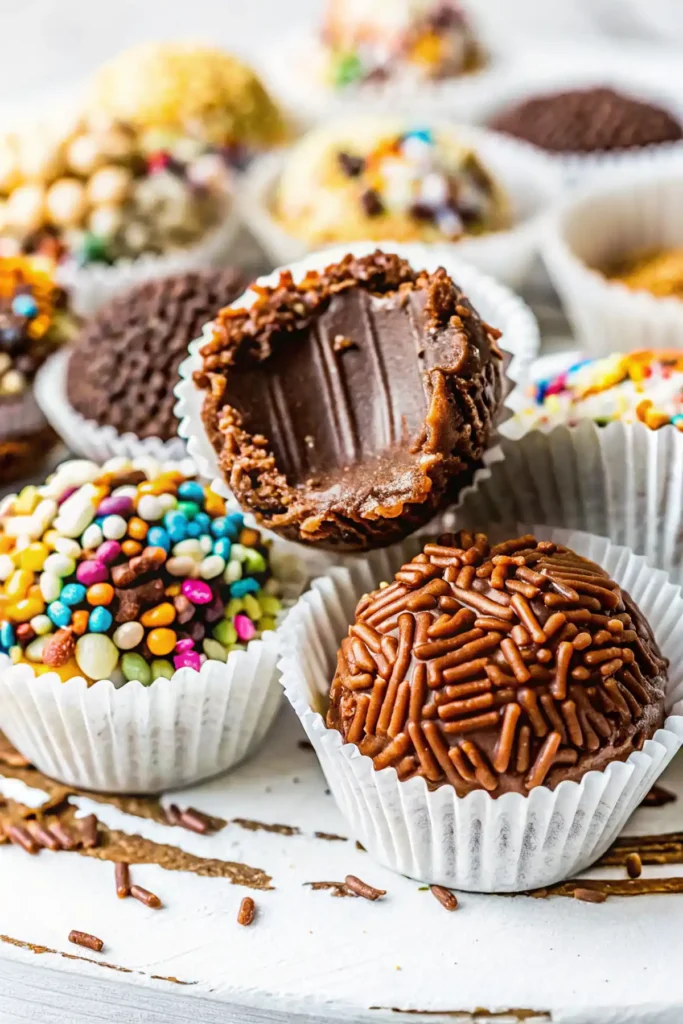 Bitten brigadeiro showing a rich, fudgy center, surrounded by other colorful Brazilian chocolate truffles in white paper cups.