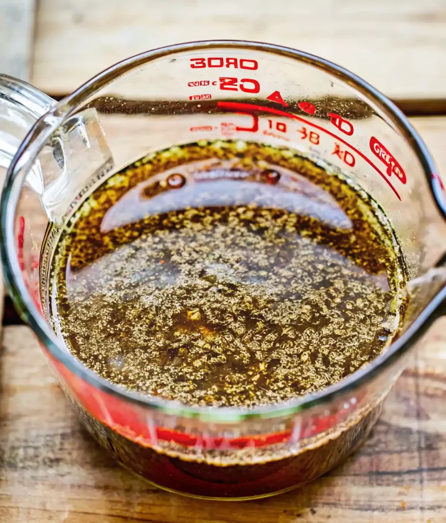 Homemade chicken marinade in a glass measuring cup with herbs and spices