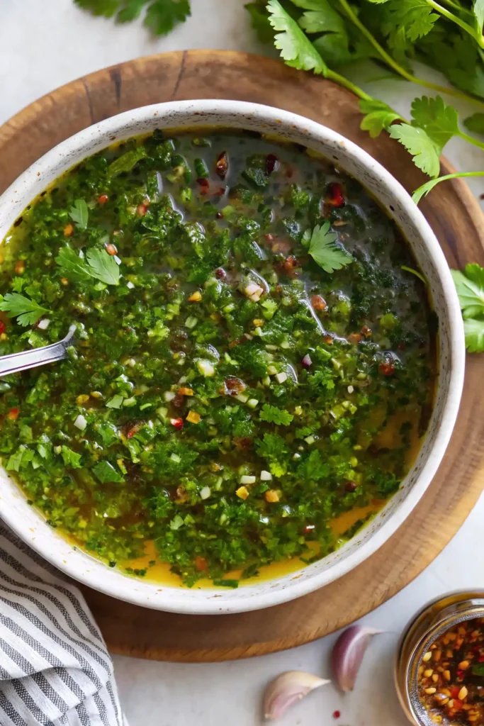 Fresh chimichurri sauce in a rustic white bowl with spoon, featuring parsley, garlic, chili flakes, and olive oil