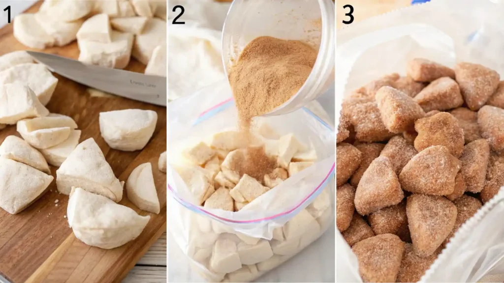 Step-by-step collage showing biscuit dough being cut, coated with cinnamon sugar, and fully covered in a zip-top bag for monkey bread prep.