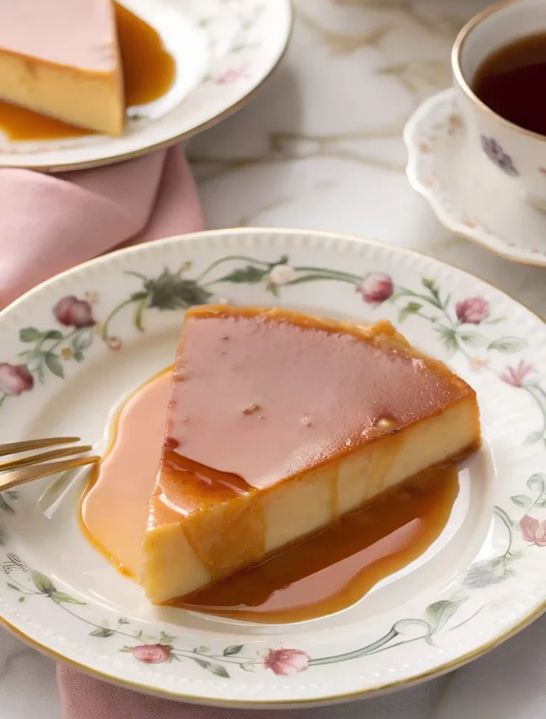 Slice of creamy caramel flan on a floral dessert plate with caramel sauce and a gold fork.