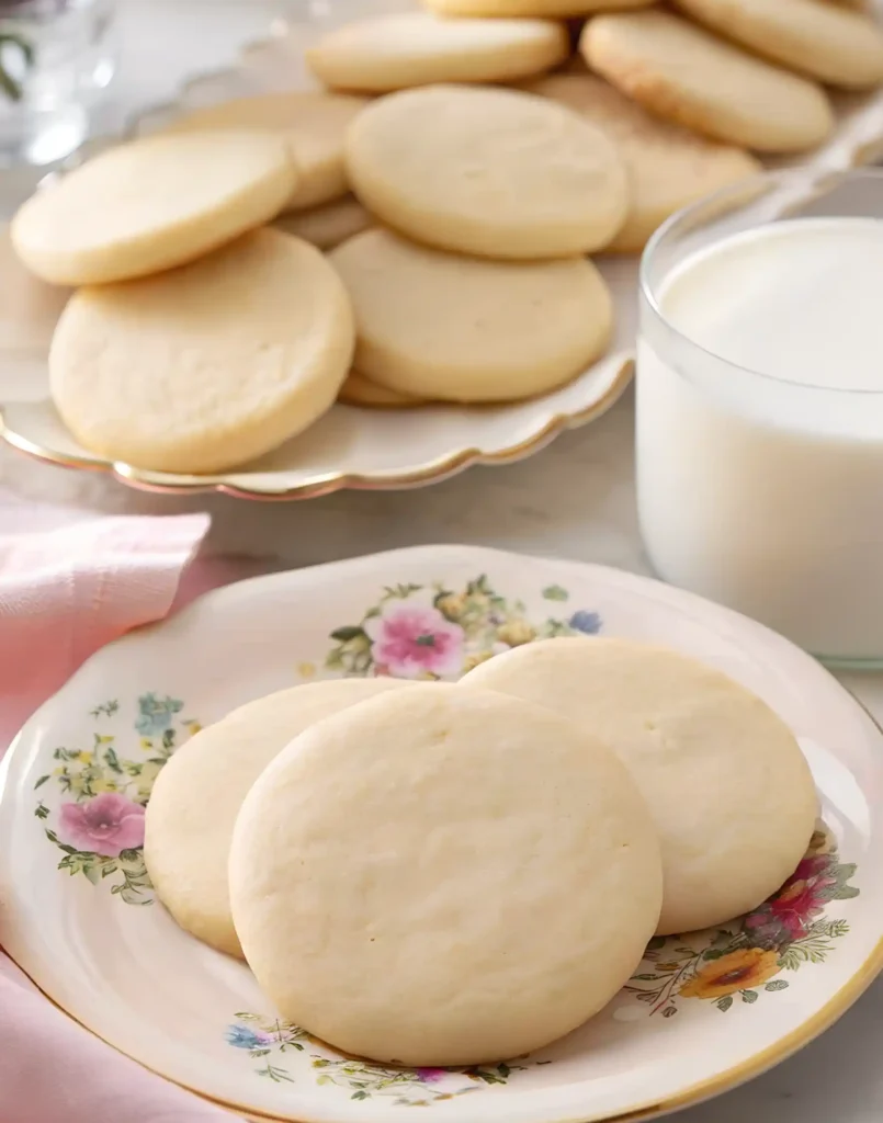 Cut out sugar cookies on a floral plate with a glass of milk and a serving tray in the background.