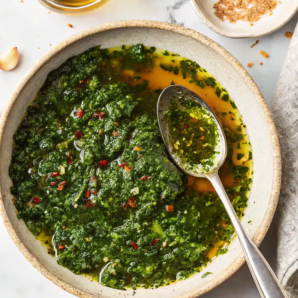 Chunky chimichurri sauce in a rustic bowl with spoon, featuring blended parsley, garlic, olive oil, and red pepper flakes