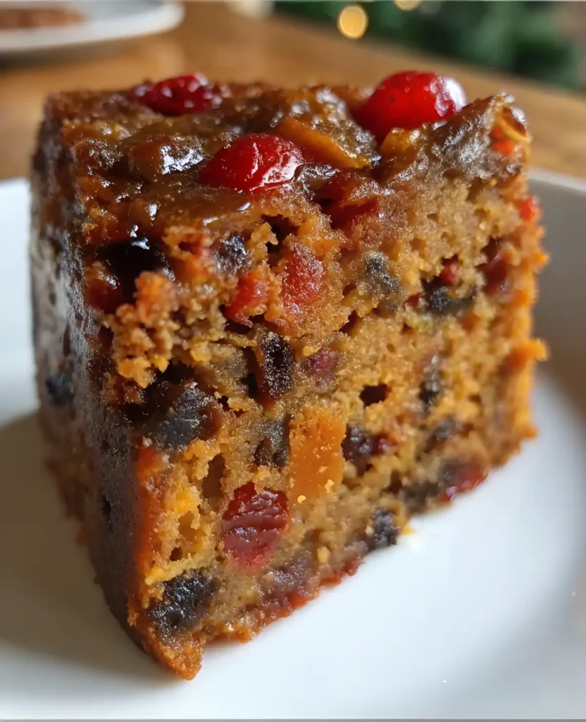 Moist slice of fruit cake with glazed top and vibrant red cherries
