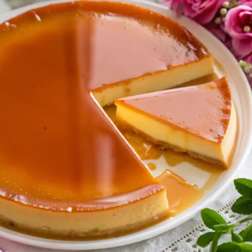 Slice of creamy homemade flan with glossy caramel topping served on a white plate surrounded by pink flowers.