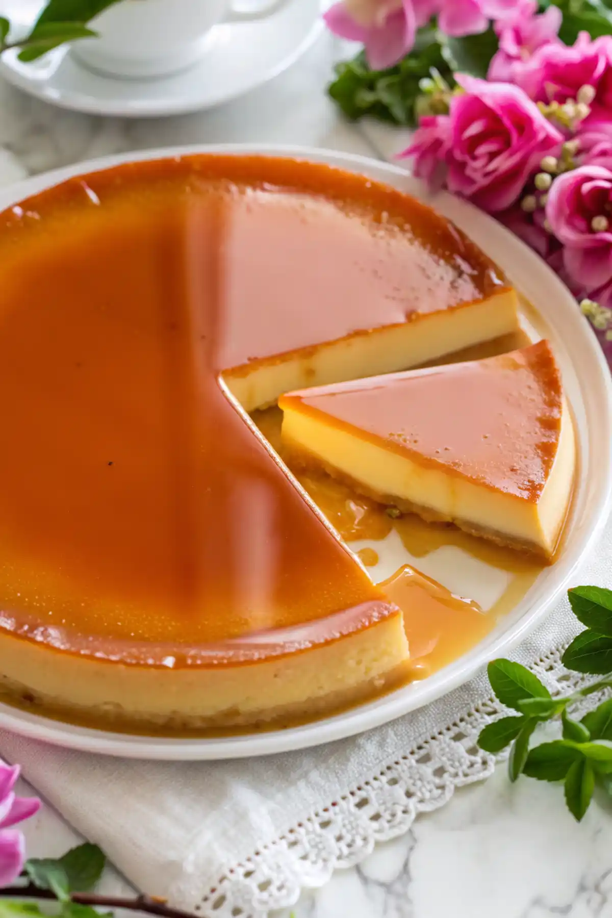 Slice of creamy homemade flan with glossy caramel topping served on a white plate surrounded by pink flowers.