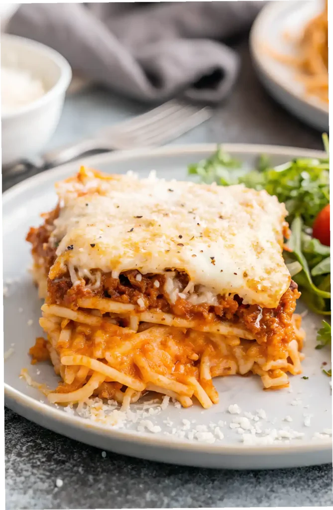 Layered slice of million dollar spaghetti with melted cheese, meat sauce, and noodles on a gray plate, served with a fresh arugula salad.