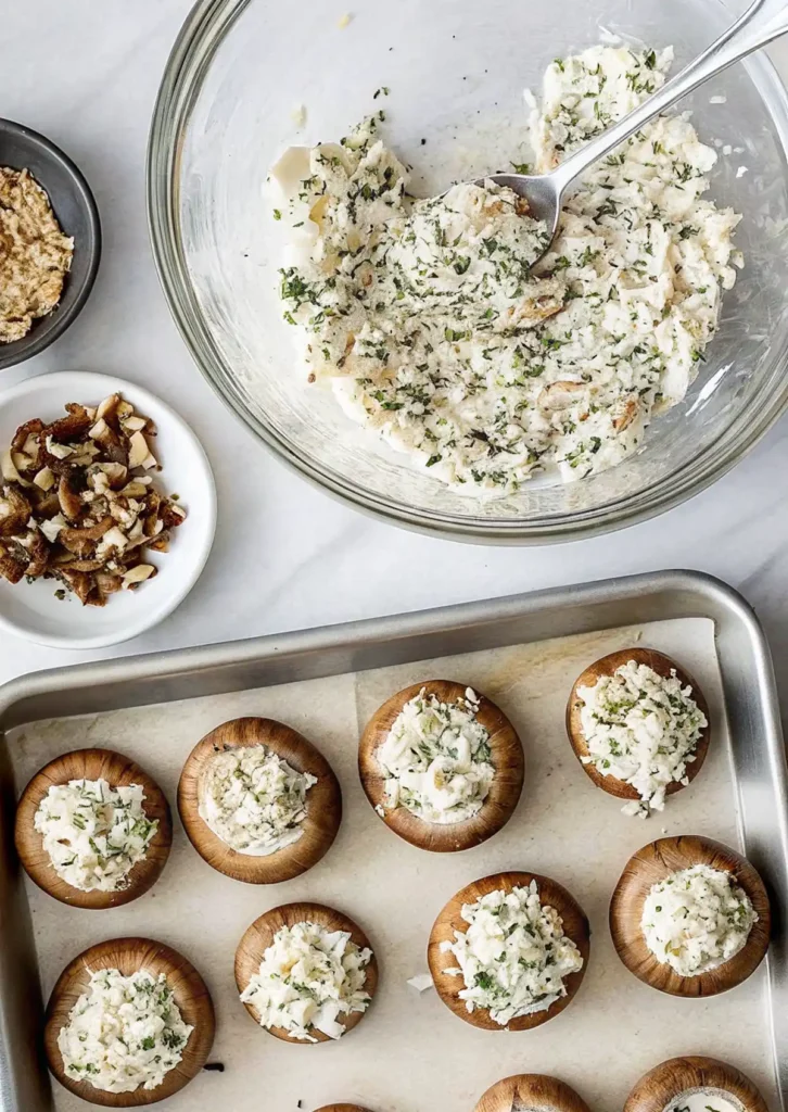Top-down view of stuffed mushrooms being prepared with a creamy herb filling in a glass bowl, surrounded by ingredients and a baking tray.