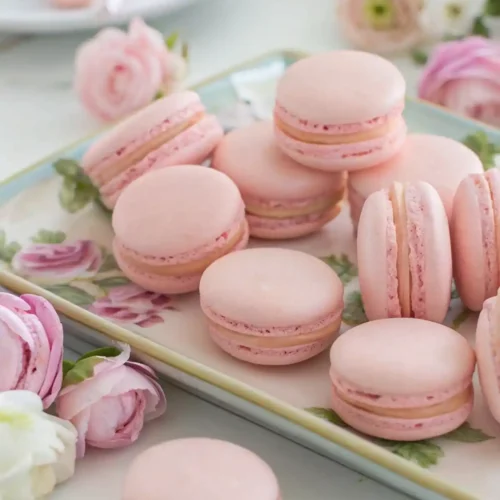Pink macarons with smooth tops and light brown filling on a floral tray, surrounded by soft pink ranunculus flowers.