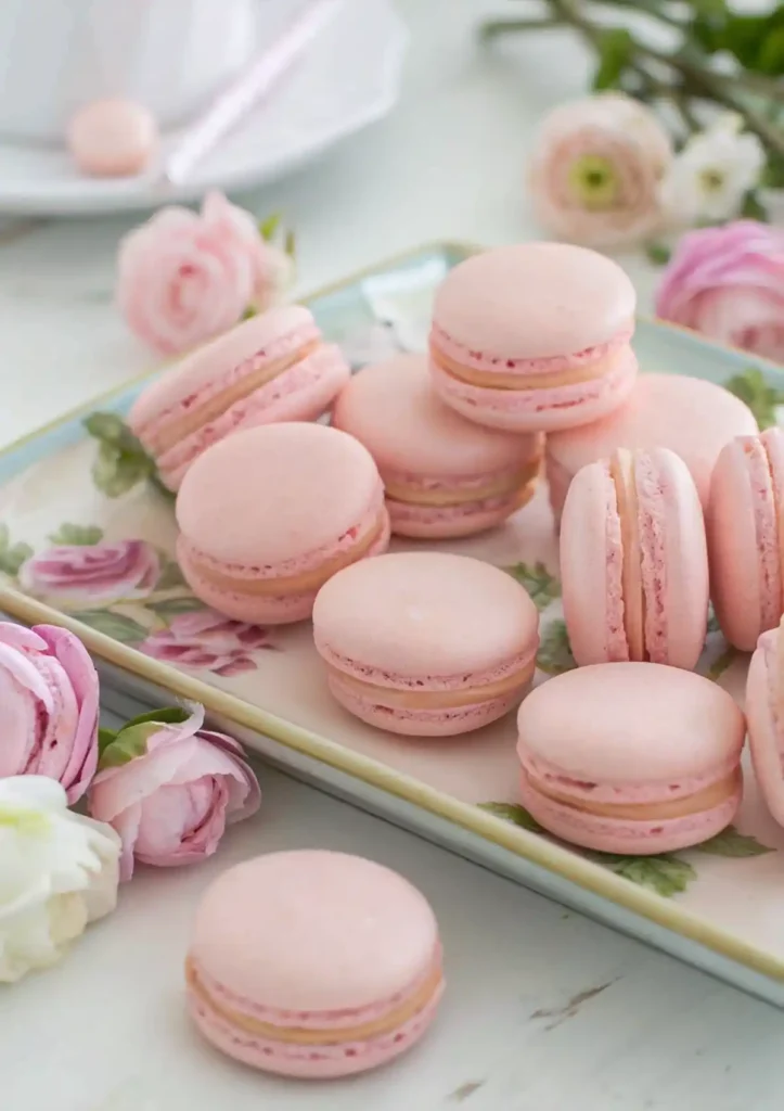Pink macarons with smooth tops and light brown filling on a floral tray, surrounded by soft pink ranunculus flowers.