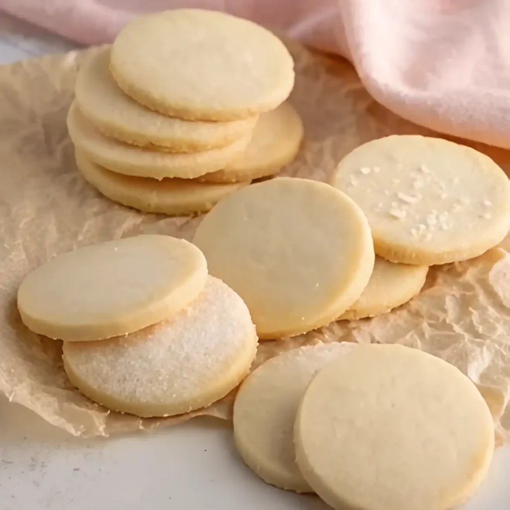 Easy sugar cookies stacked and scattered on parchment paper with a pink napkin nearby.