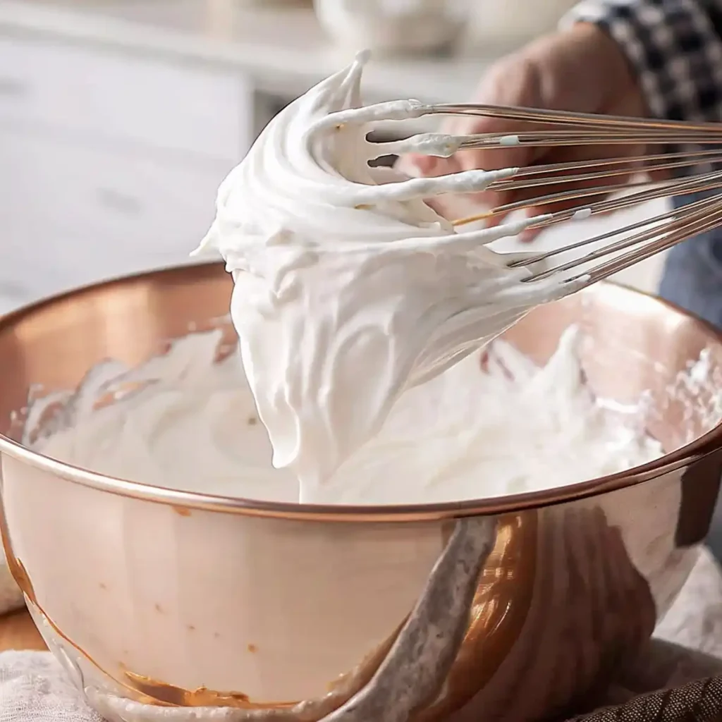 Glossy stiff peaks of meringue on a whisk above a copper mixing bowl, perfect texture for French macarons.