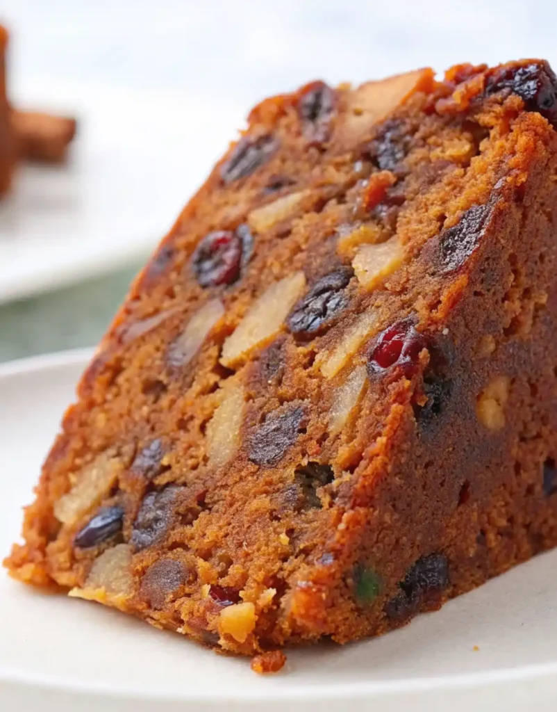 Close-up of a slice of moist fruit cake with visible dried fruits and nuts on a white plate