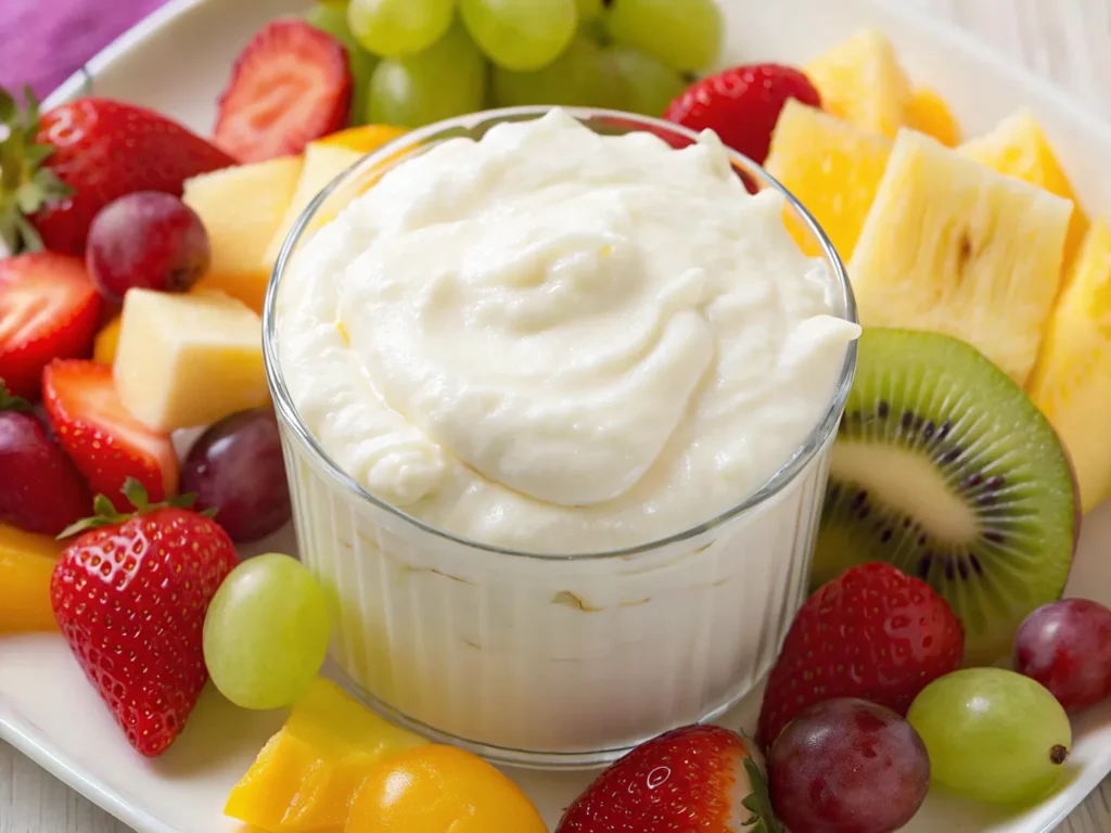 Glass bowl of creamy white fruit dip surrounded by fresh fruit like strawberries, grapes, pineapple, kiwi, and melon on a white plate.