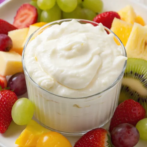 Glass bowl of creamy white fruit dip surrounded by fresh fruit like strawberries, grapes, pineapple, kiwi, and melon on a white plate.