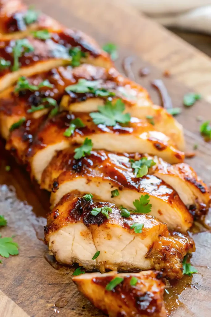 Sliced grilled chicken breast topped with fresh herbs on a wooden cutting board