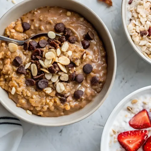 Bowl of chocolate oatmeal topped with sliced almonds, chocolate chips, and raisins