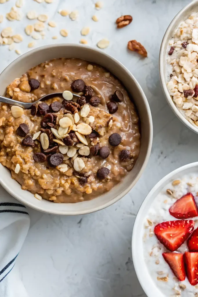 Bowl of chocolate oatmeal topped with sliced almonds, chocolate chips, and raisins