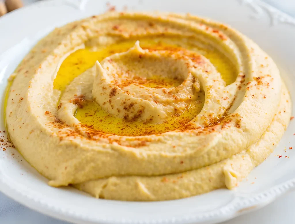 Homemade hummus with olive oil and paprika served on a white plate