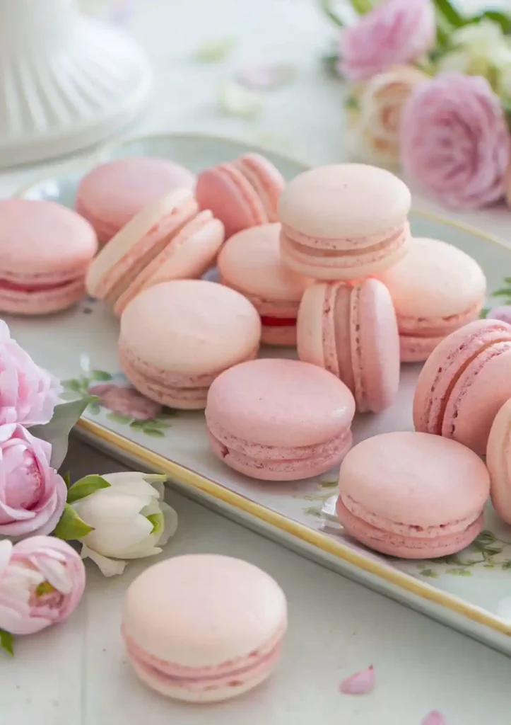 Pink French macarons with light brown filling on a floral tray, styled with soft ranunculus and rose flowers.