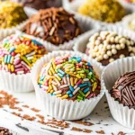 Colorful brigadeiros topped with rainbow sprinkles, displayed in white paper cups on a rustic white wooden surface.