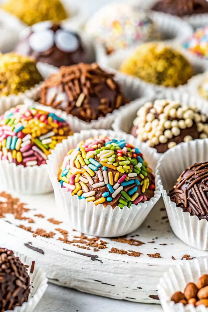 Colorful brigadeiros topped with rainbow sprinkles, displayed in white paper cups on a rustic white wooden surface.