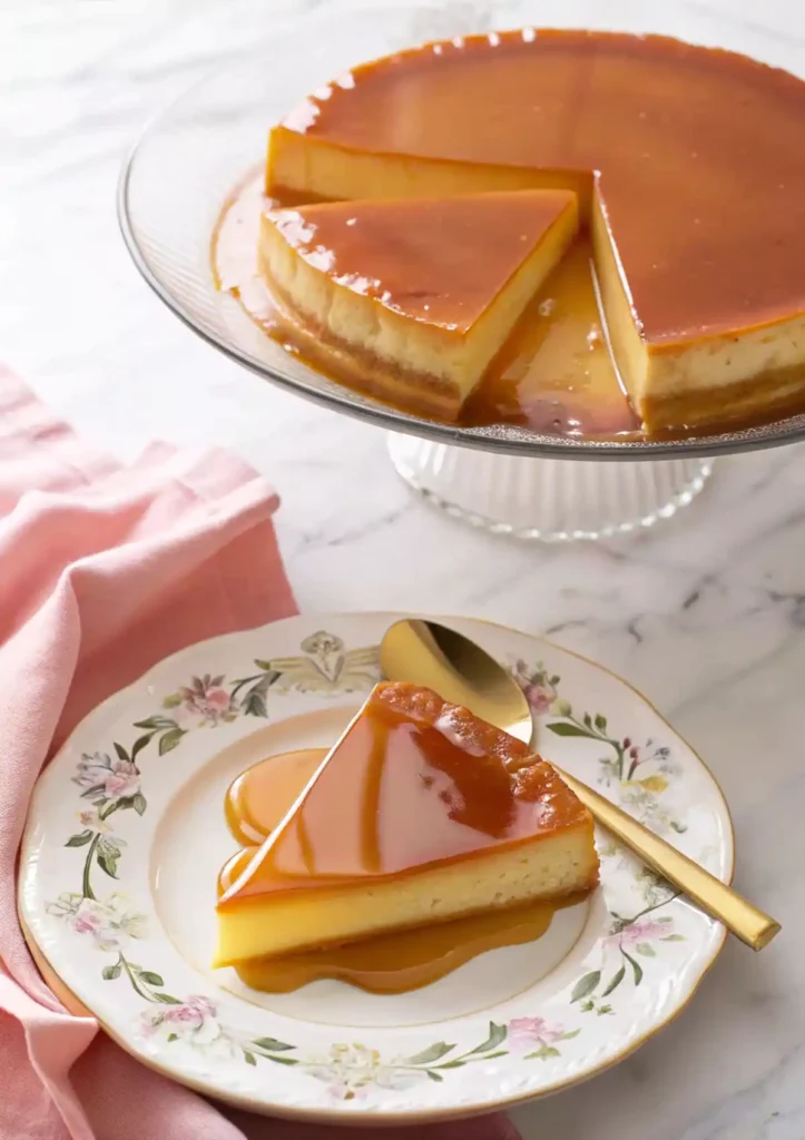 Slice of flan served on a floral plate with caramel sauce, next to the full flan on a cake stand.
