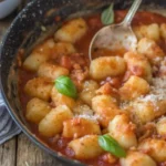 Homemade potato gnocchi in tomato sauce topped with grated cheese and fresh basil in a black skillet on a rustic wooden table.