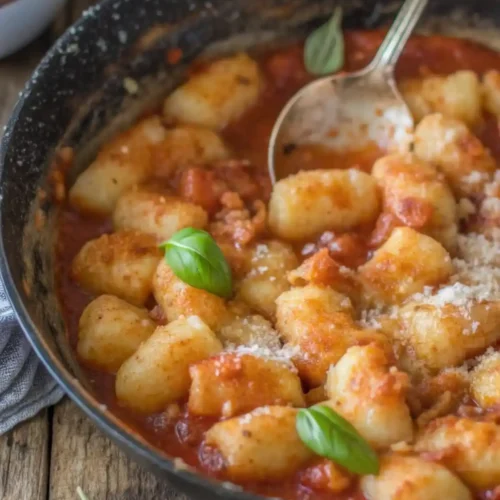 Homemade potato gnocchi in tomato sauce topped with grated cheese and fresh basil in a black skillet on a rustic wooden table.
