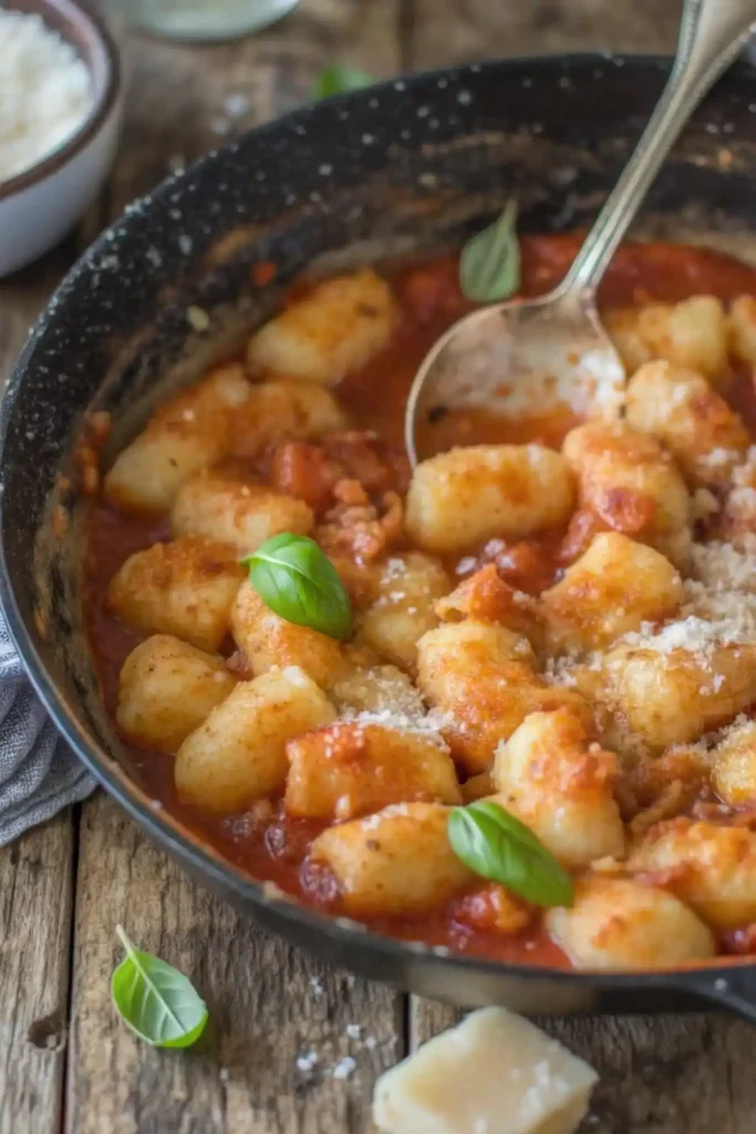 Homemade potato gnocchi in tomato sauce topped with grated cheese and fresh basil in a black skillet on a rustic wooden table.
