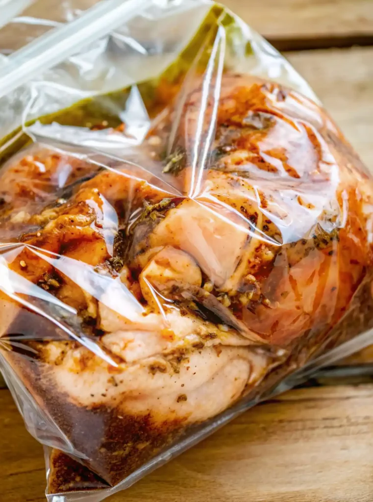 Chicken breasts marinating in a sealed zip-top bag with herbs and dark marinade