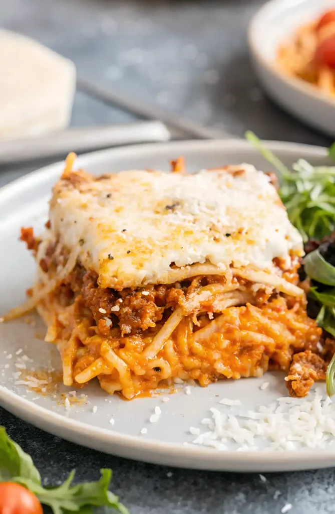 Slice of baked million dollar spaghetti with creamy cheese layers, meat sauce, and spaghetti noodles on a gray plate, served with a fresh green salad.
