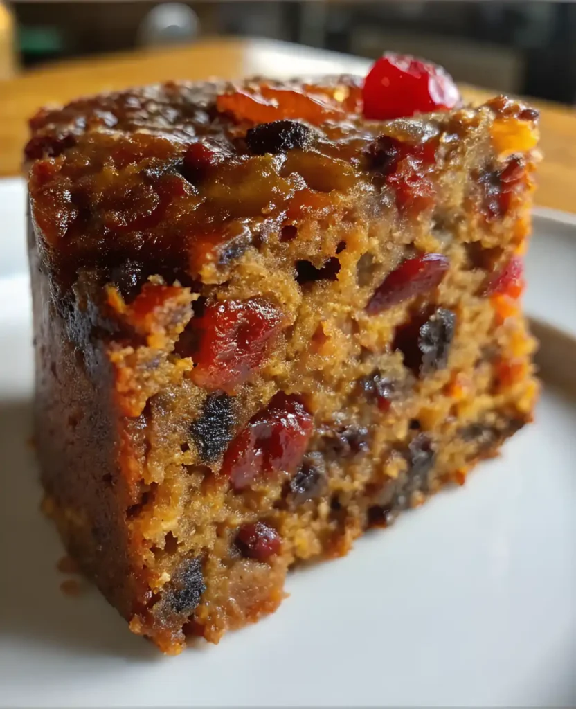 Moist fruit cake slice packed with cherries, raisins, and glazed top