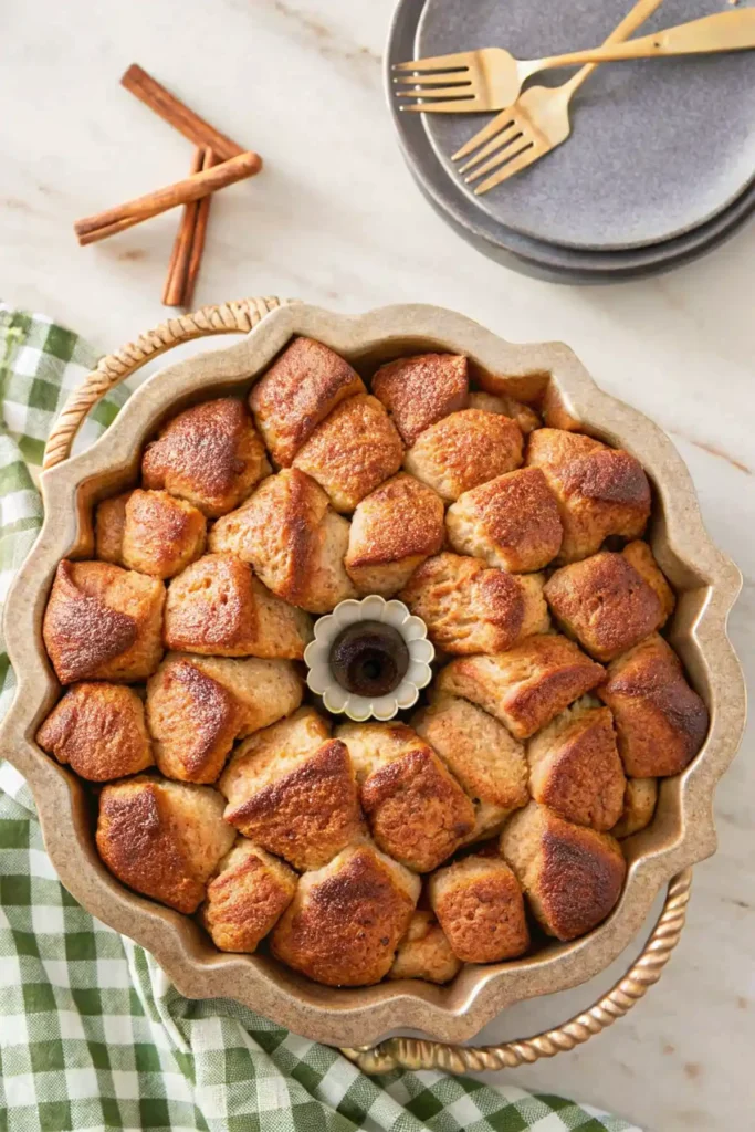 Freshly baked monkey bread in a Bundt pan, golden brown and puffed, resting on a green checkered towel with cinnamon sticks and plates nearby.