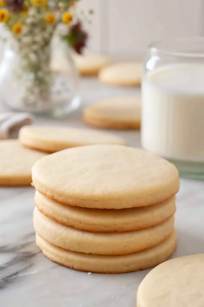 Stack of no spread sugar cookies on marble with a glass of milk and wildflowers in the background.