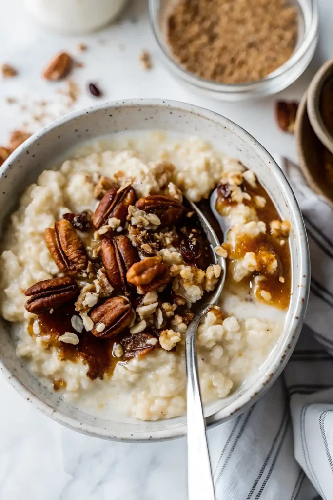 Bowl of oatmeal topped with pecans, brown sugar, and oats