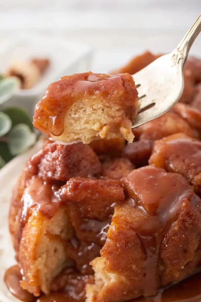 Close-up of caramel-coated pull apart bread with a fork lifting one soft, gooey cinnamon sugar piece from the loaf.